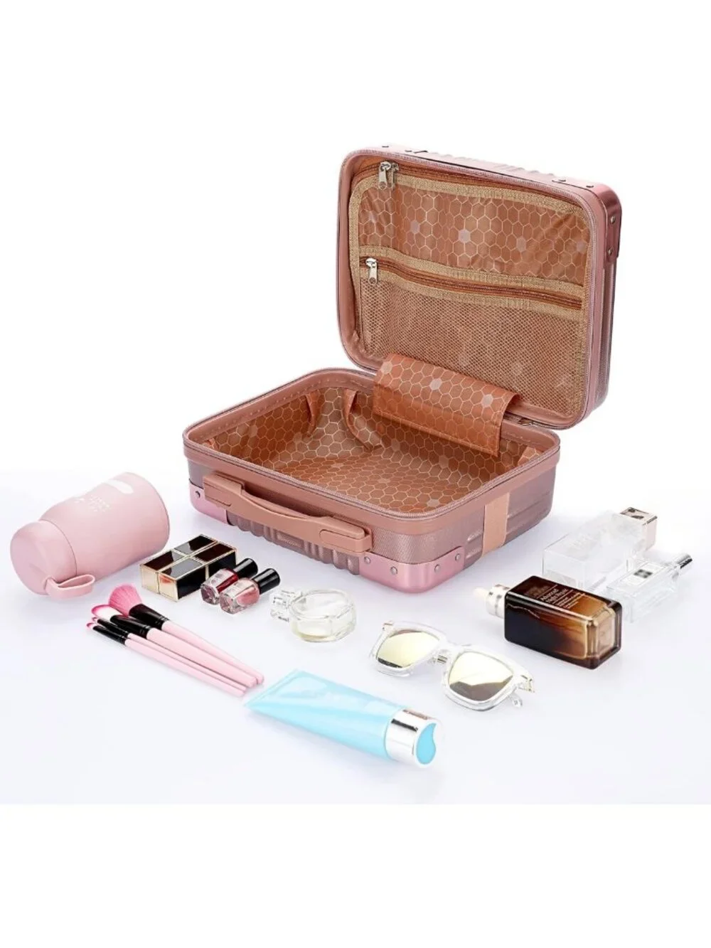 Portable Hard Shell Cosmetic Travel Case - Mini Makeup Suitcase with Elastic